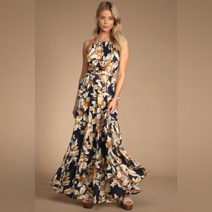 LULUS Heat Wave Babe Navy Blue Floral Print Tie-Back Tiered Maxi Dress Small